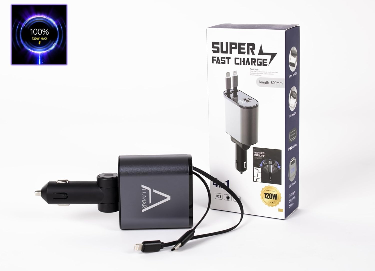 4 Fast Charging Ports with 80cm Retractable Cables